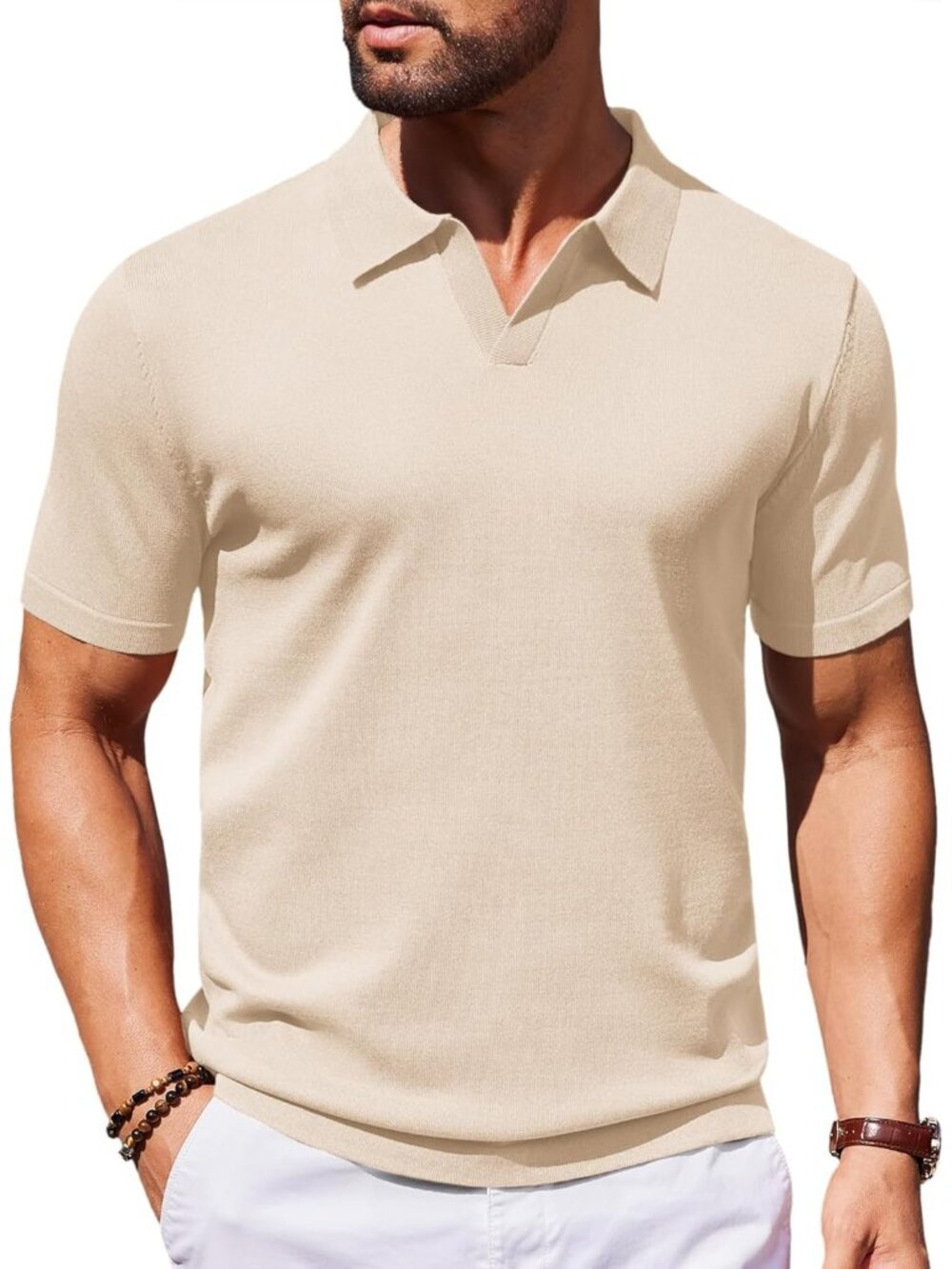 Men's Cream Imported 100% Polyester V Neck Short Sleeve Stretch Knit Polo Shirt